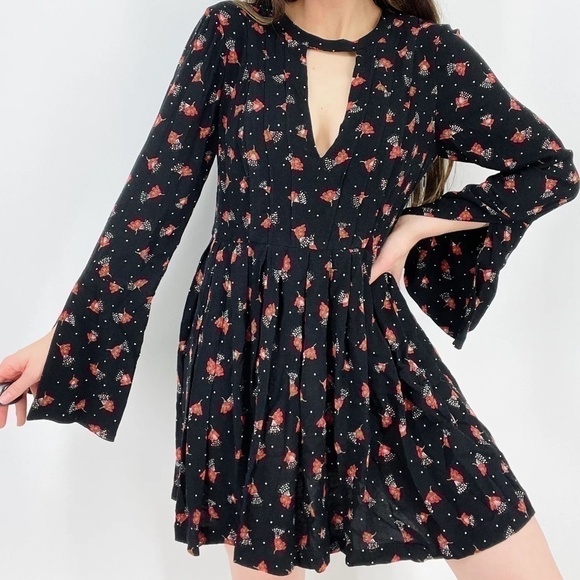 Free People Red Black Floral Combo Tegan Mini Dress Size 6 - Picture 1 of 9